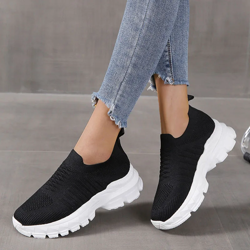 Women Platform Casual Shoe Summer Mesh Breathable Woman Sneakers Knitted Solid Color Slip-On Ladies Walking Shoes Female Flats