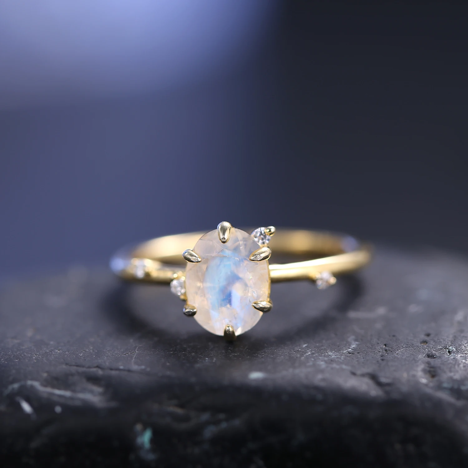 

GEM'S BALLET Gold Color 925 Sterling Silver Handmade Ring 1.29TC Oval Cut Milky Blue Moonstone Engagement Dainty Ring For Women