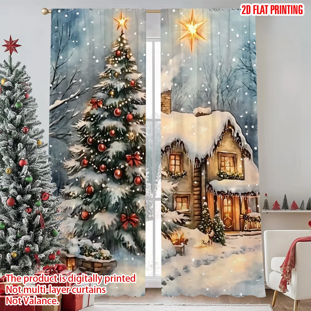 

2pcs 2D flat printing Merry Christmas Party Curtains Christmas Lodge Durable Polyester Without Electricity Festive Holiday