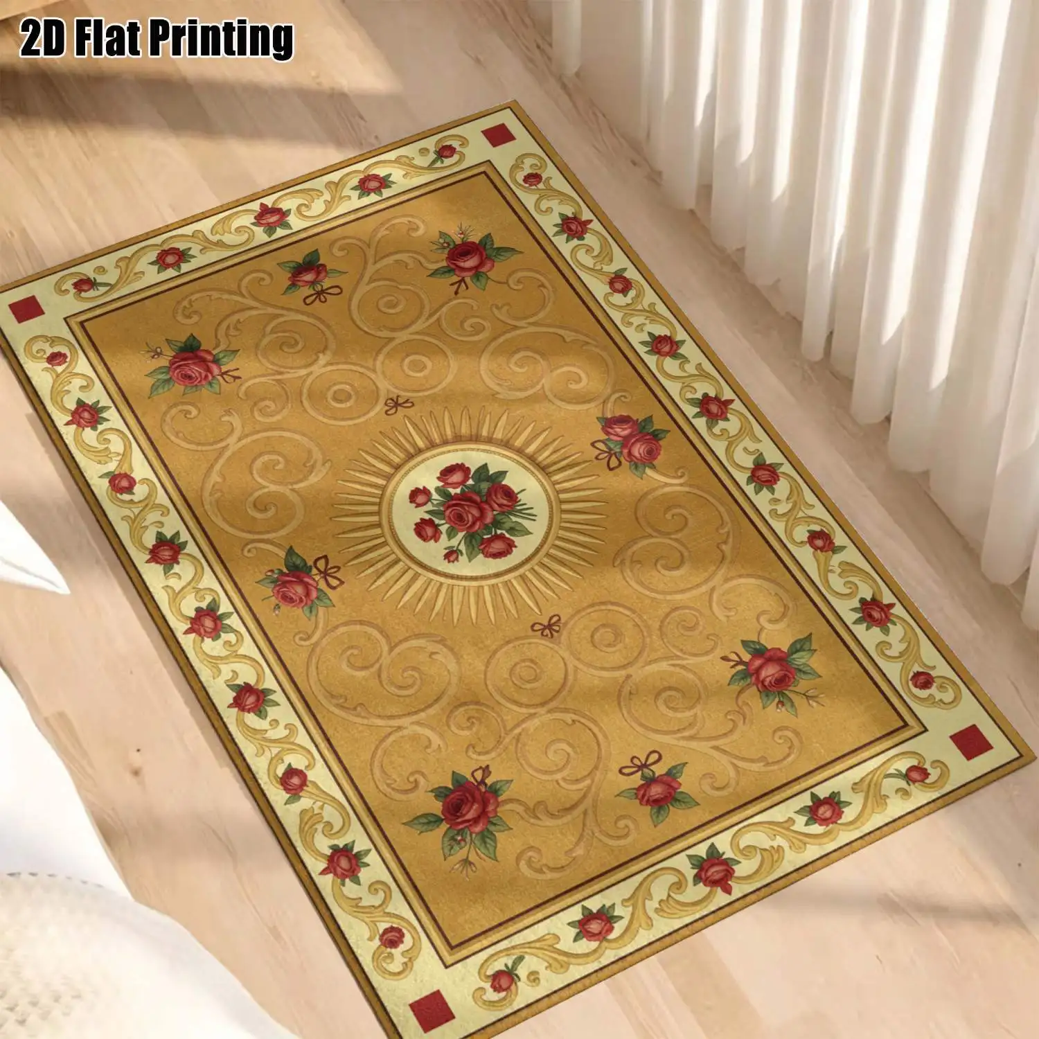 1Pc 2D Printed Carpet: Warm Brown Red Rose Retro European Style, Home Decor, Multi-Size, Machine Washable, for Entrance, Dining, Foyer, Bedroom, Study, Living Room