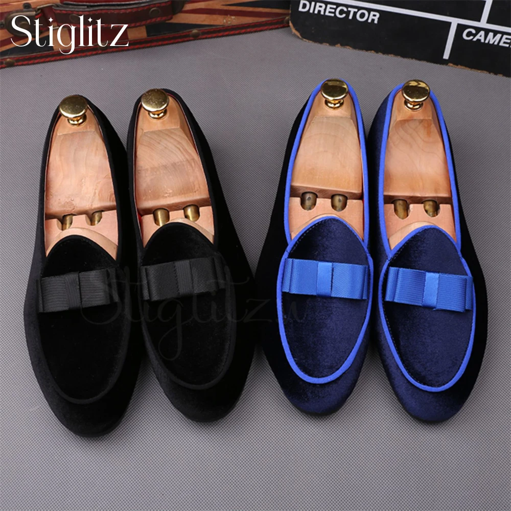 

Blue Bow Black Suede Loafers for Men Elegant Luxury Style Dance Shoes Comfortable Flat Shoes Handmade Formal Shoes for Banquet