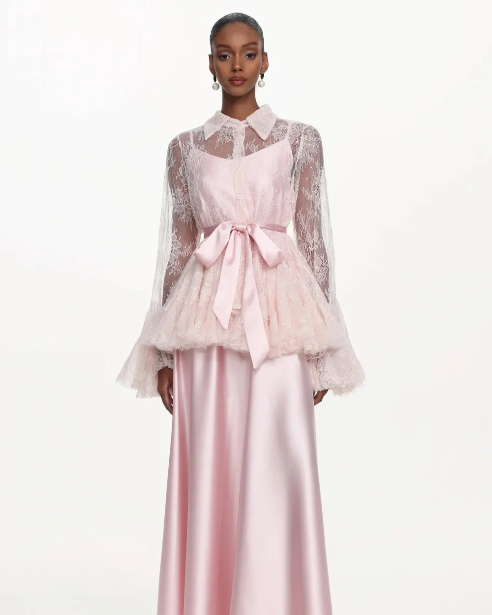 Customized Modern Style Women Lace Button Ruched A-Line Evening Dresses Intricate High Collar Long Sleeves Ankle Length Dresses
