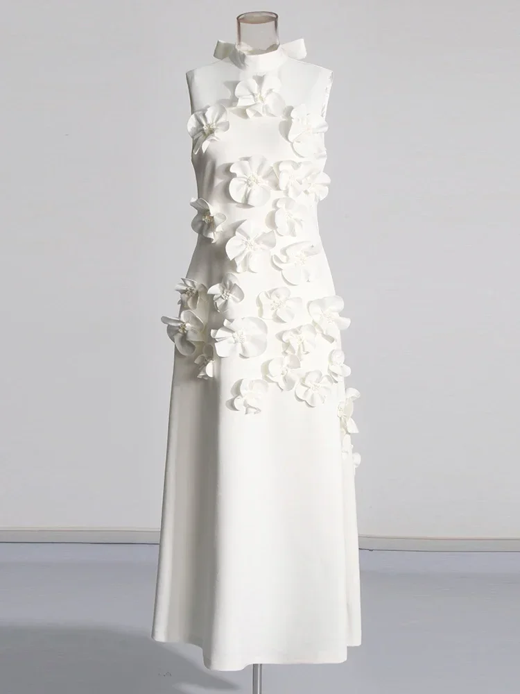 

2025 New Spliced Appliques Elegant Dresses For Women Stand Collar Sleeveless High Waist Patchwork Zipper Long Dress Female