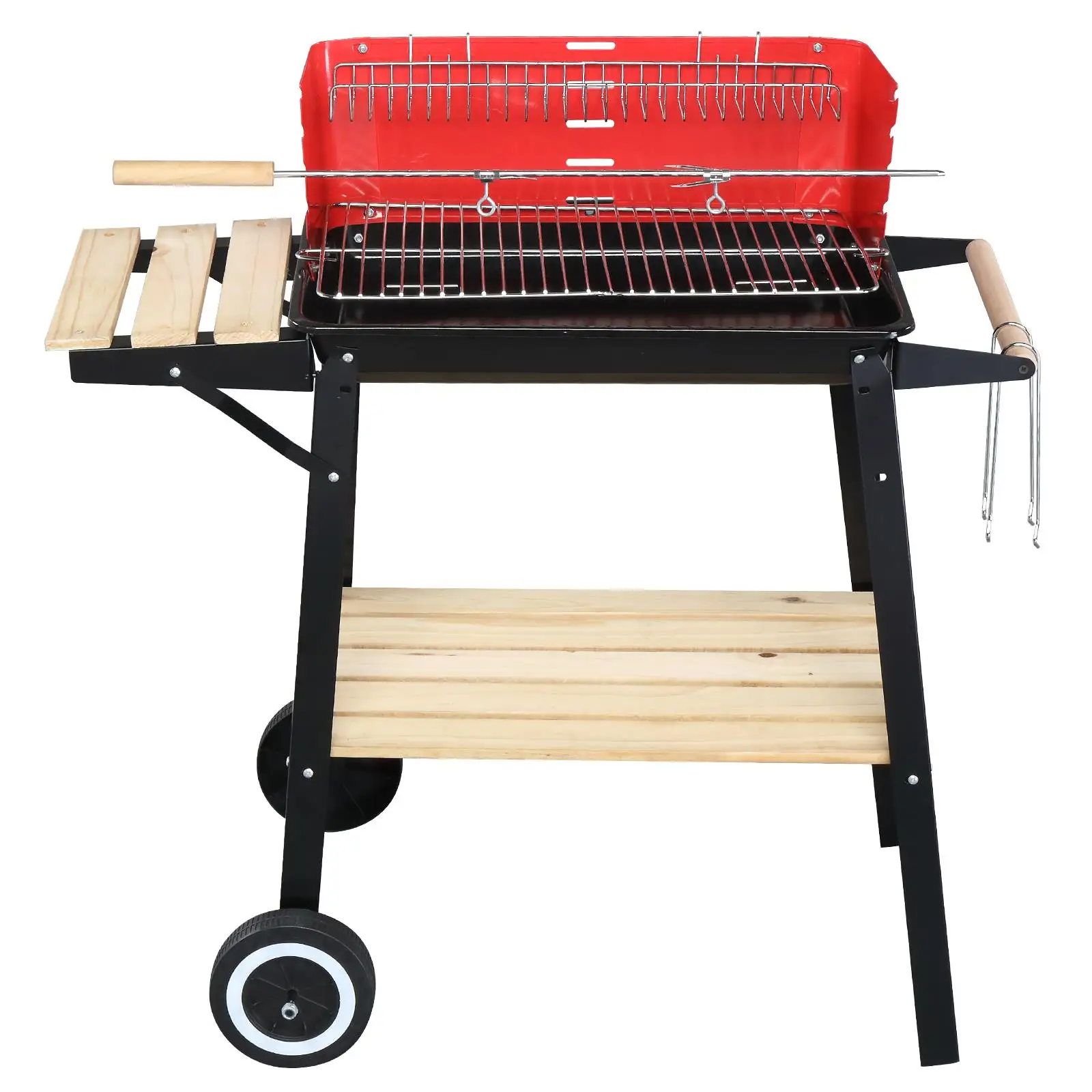 

85x42x86cm Square Charcoal Oven on Wheels - Four-Leg Design in Black & Red Enamel Finish