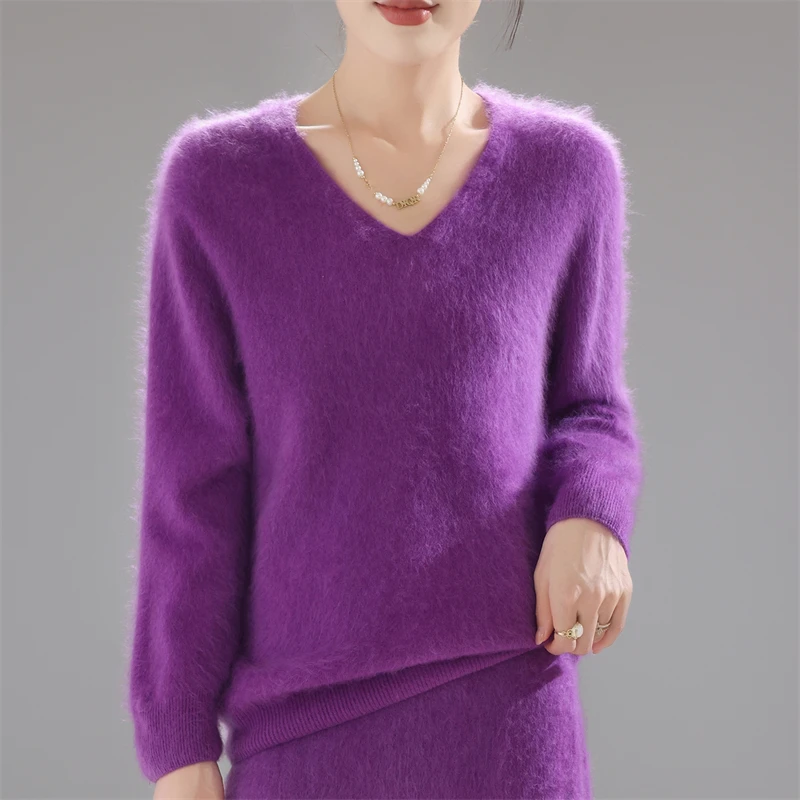 

2025 New 100% Merino Wool Knitted Sweater Women V-Neck Brushed Fabric Pullovers Fashion Solid Color Loose Tops Autumn Warm Shirt