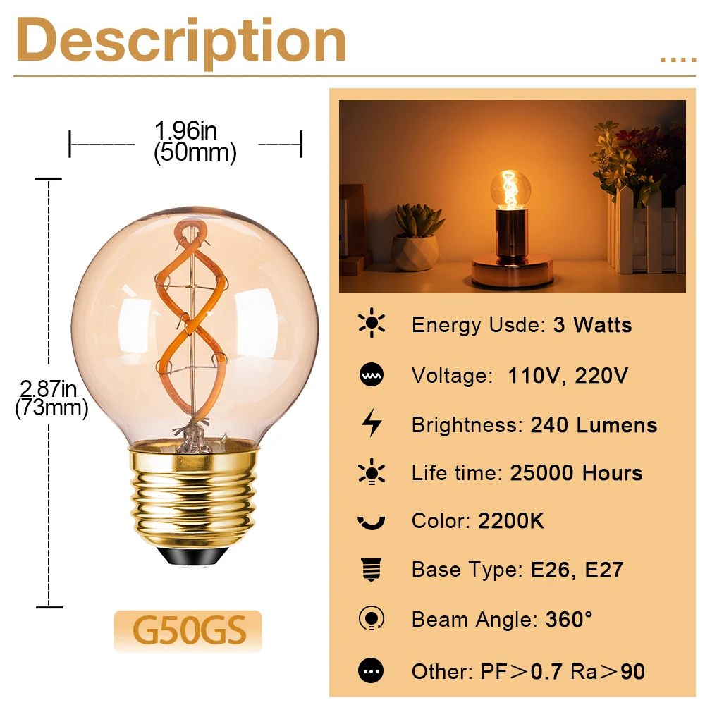 G50 Spiral Filament Edison LED Globe Bulbs 3W Dimmable
