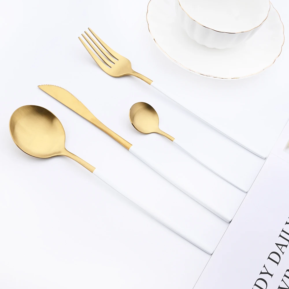 40Pcs White Gold Stainless Steel Cutlery Set Dinner Knife Fork Spoon Tableware Matter Western Flatware Kitchen Dinnerware Set