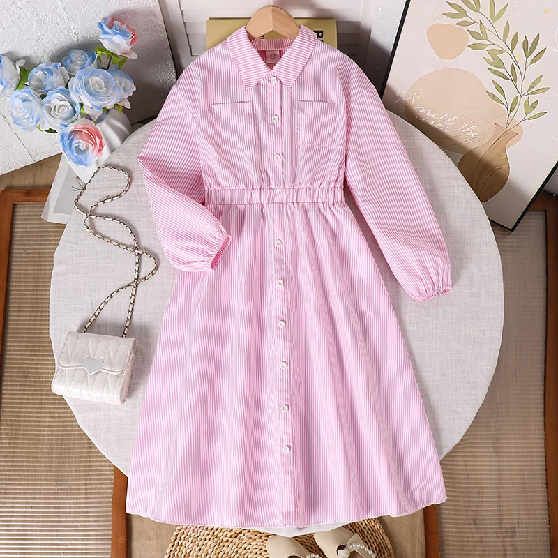 

Kids Clothing Solid Color Pink Turn-Down Collar Pocket Single Breasted Long Sleeve A-Line Dress Fir Girls 8-12 Years Daily Set