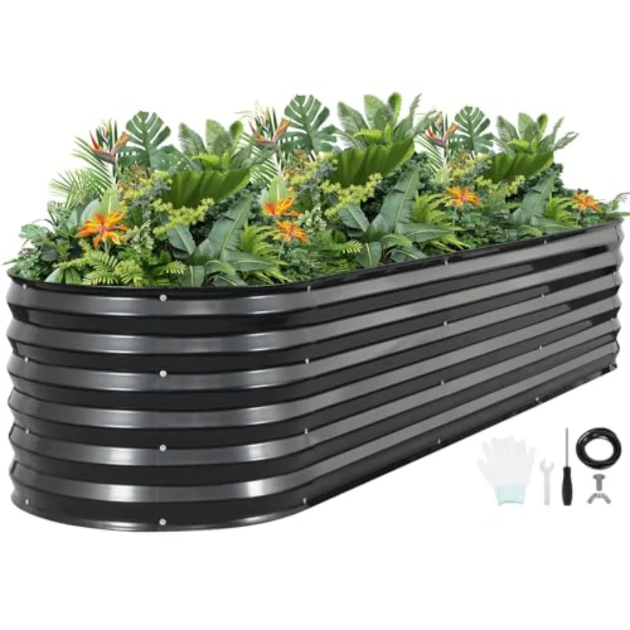 Jardinera Elevada Ovalada de Metal para Exteriores, 8x2x1.4 pies, Gris, con Cinta Protectora, Guantes y Herramientas para Verduras, Frutas, Flores, Hierbas