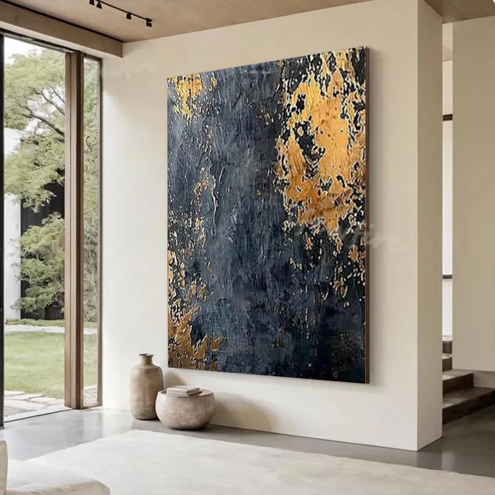 Modern Handmade Abstract Oil Painting On Canvas Unique Golden Blue Stripes Mural Wall Art Picture For Living Room Decor Image