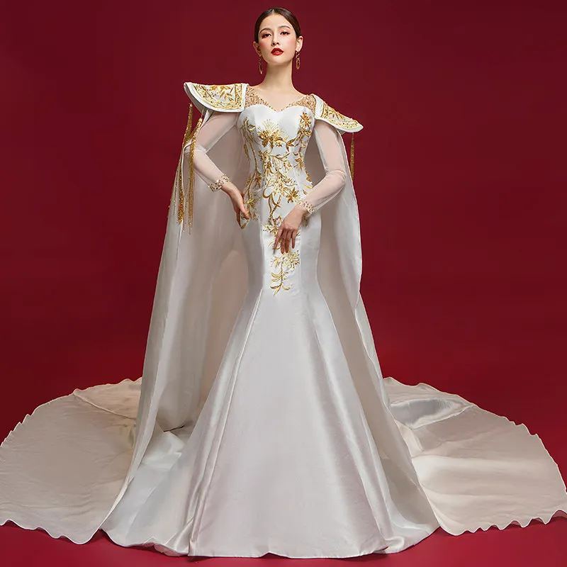 High End White Runway Gold Thread Embroidery Slim Fit Fish Tail Big Tail Annual Meeting Opening Ceremony Gown
