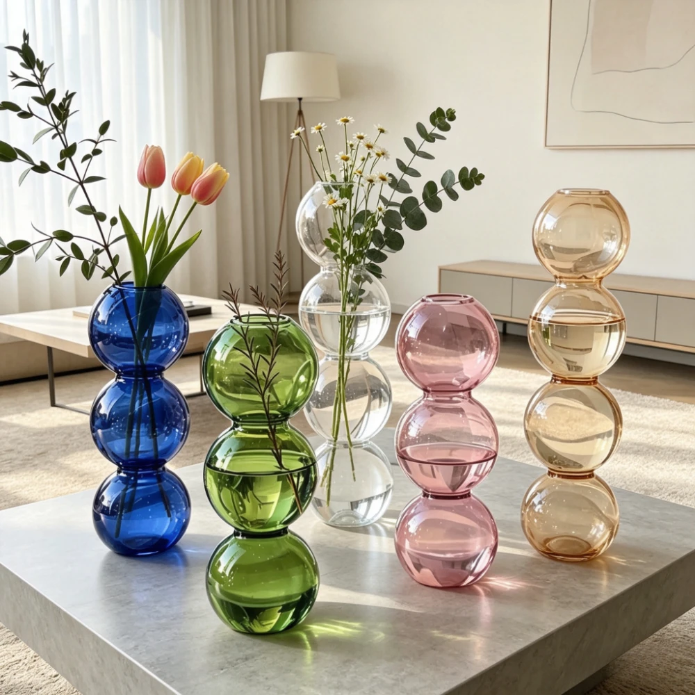 Nordic Stacked Ball Glass Vase Colorful Bubble Vase Hydroponic Flower Arrangement Container Home Wedding Shop Decor