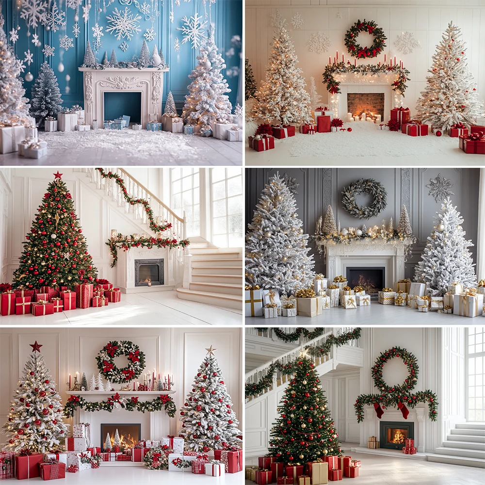 

White Christmas Backdrop Photography Winter Xmas Fireplace Gift Wreath Interior Party Decoration Christmas Tree Photo Background