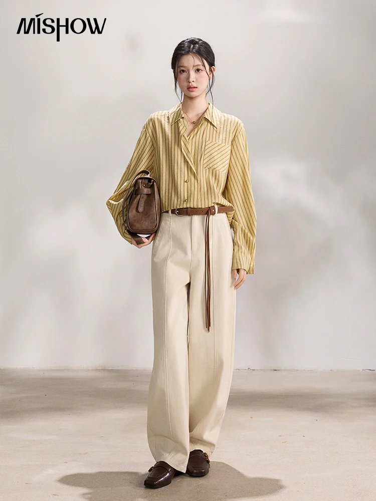 MISHOW Women's Yellow Striped Lapel Collar Shirt 2026 Spring Single-breasted Chest Pocket Tops Casual Loose Shirts MXF14C2449