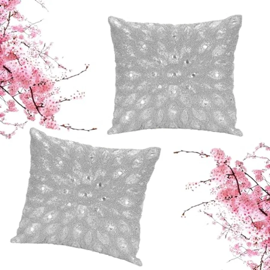 

Lightnpro Luxury Silver Hand-Beaded Pillow Cover - 12x12 Inch Exquisite Handmade Cushion for Sofa Couch and Bed - Elegant Home