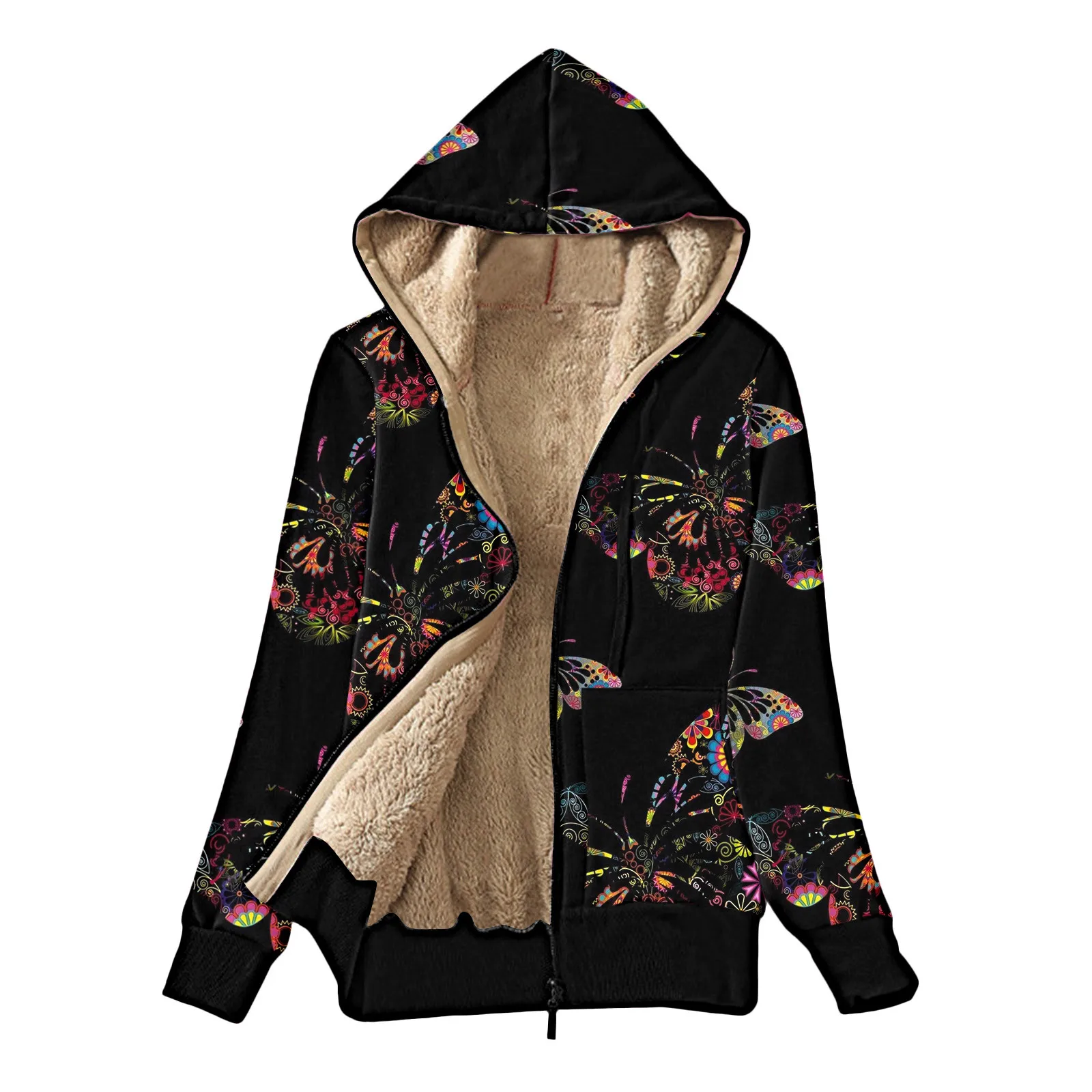 Butterfly Printed Warm Fleece Zipper Women Hooides Jackets 2024 Autumn Sherpa Lined Loose Casual Outwears Street Cardigan Coats