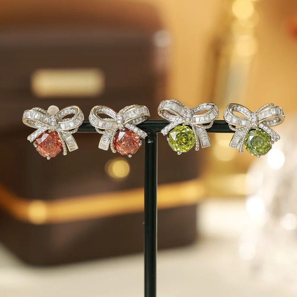 Bowknot Zircon Stud Earrings for Women, Vintage Exquisite Rose Cut Design, Light Luxury Elegant Versatile Ear Jewelry