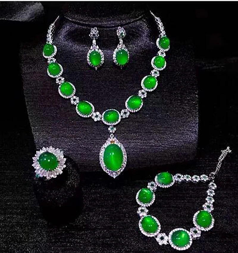 

Natural Green Jade 925 Silver inlay Zircon Necklace Bracelets Earrings Ring Noblest Jewelry Set + Gift box