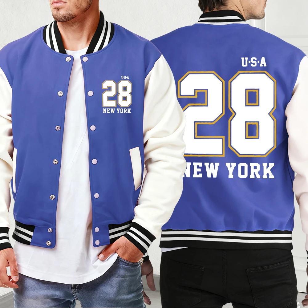 

New York Usa Number 28 Print Autumn New Jackets Men'S Classic Fashion Menswear Pocket Street Coat Comfy Loose Baseball Jersey