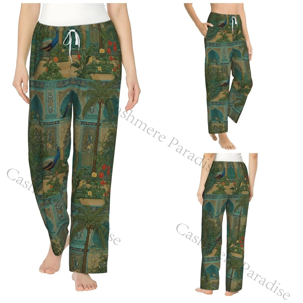 

Mughal Garden With Peacock Bird Arch Warm Women Pajama Pants Flannel Sleep Bottoms Soft Fleece Loungewear