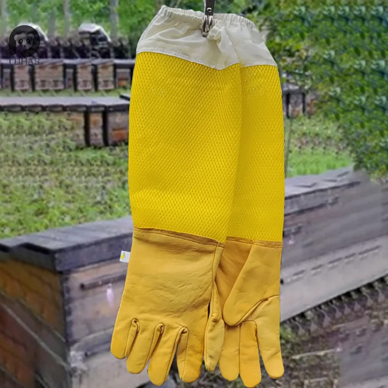 Beekeeping Protective Gloves, Beekeeper Sleeves Breathable Anti Bee Cloth, Apiculture Sheepskin Long Yellow Mesh Gloves 1Pair