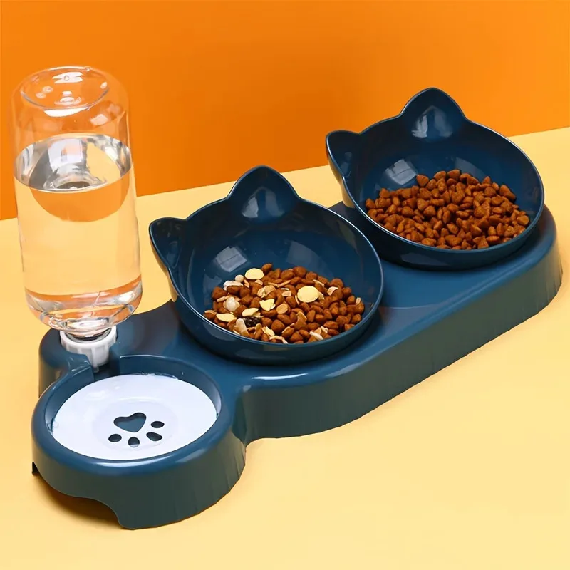 

Cute Pet Bowls With Water Feeder, 3 In 1 Ear Design Tilted Cat Water and Food Bowl Set With Water Bottle for Neck Protection