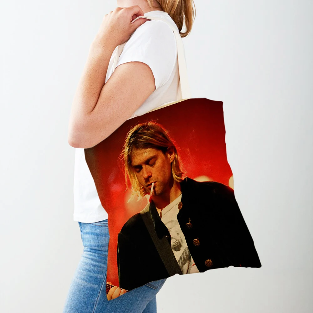 Kurt Cobain Shopping Bags Rock Roll Music Shopper Supermarket Bag Design Women Handbag Eco Portable Convenient Storage Tote