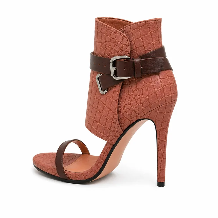 Women Open Ankle Cuff Metal Buckle Single Strap Open Toe Stiletto Heel Sandals, Western Ankle Wrap High Heels view 4