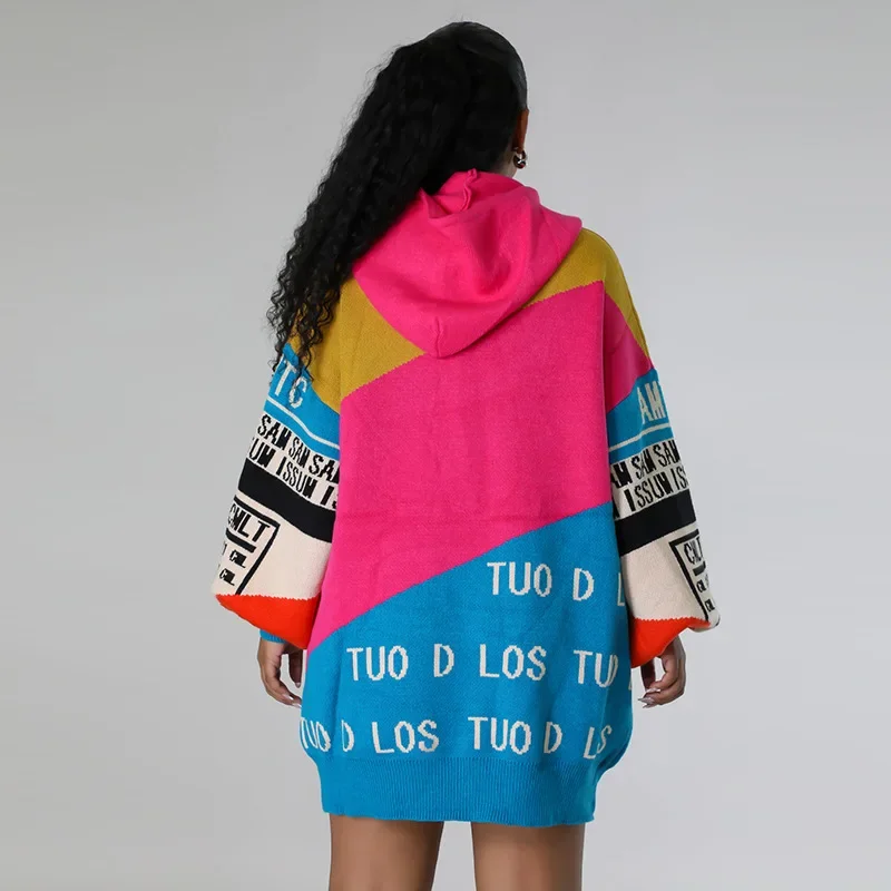 XIZOU Autumn Winter Women Sweaters O Neck Long Sleeve Hooded Color Block Pullover Letter Print Oversized Sweater Streetwear