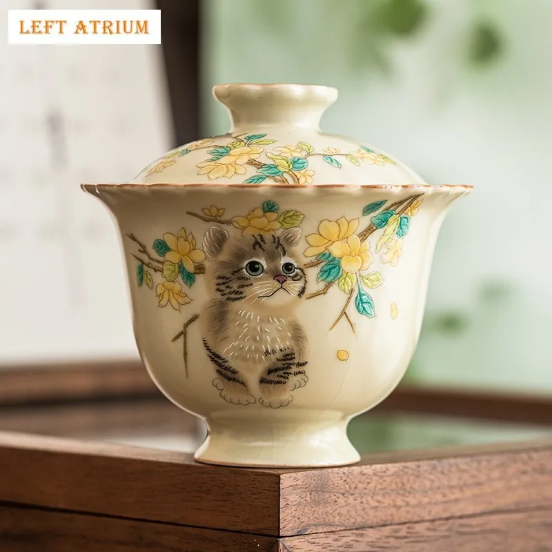 

Cute Cat Ru Yao Porcelain Gaiwan Set For Tea Tureen Teaware Cup Chinese Yellow Ceramic Opening Tea Bowls Chawan Tea Ceramony