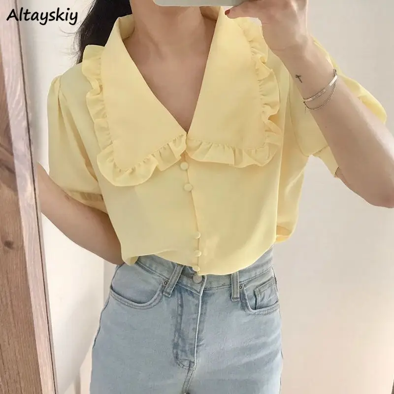 Women Blouses Yellow Peter Pan Collar Sweet Short Sleeve Ruched Ruffles Chiffon Korean Fashion Summer Loose Leisure Chic BF Ins