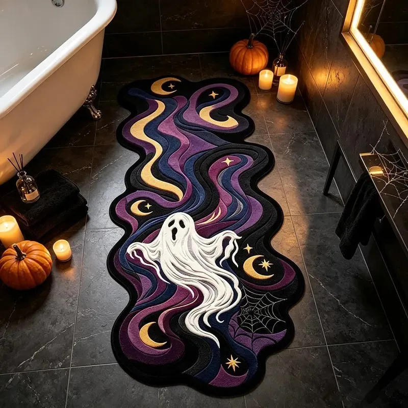 VIKAMA Halloween Ghost Irregular Shaped Runner Rug Moon Star Spider Web Print Non‑Slip Floor Mat for Hallway Spooky Home Decor