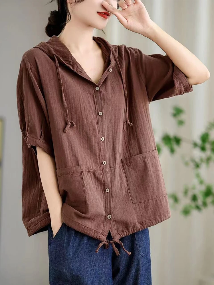 Max LuLu 2024 Summer Korean Ladies Casual Blouses Loose Linen Tops Womens Classic Hooded Shirts Vintage Solid Fashion Clothing