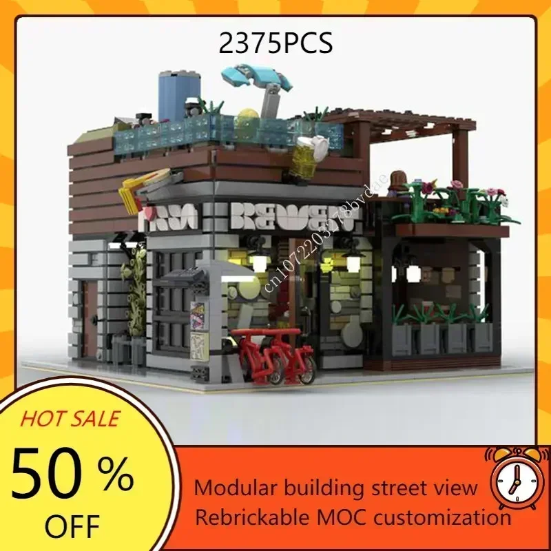 

2375 шт., креативный пивоварня и магазин пиццы, модель с видом на улицу, набор головоломок «сделай сам», настраиваемая архитектура, образовательная сборка T