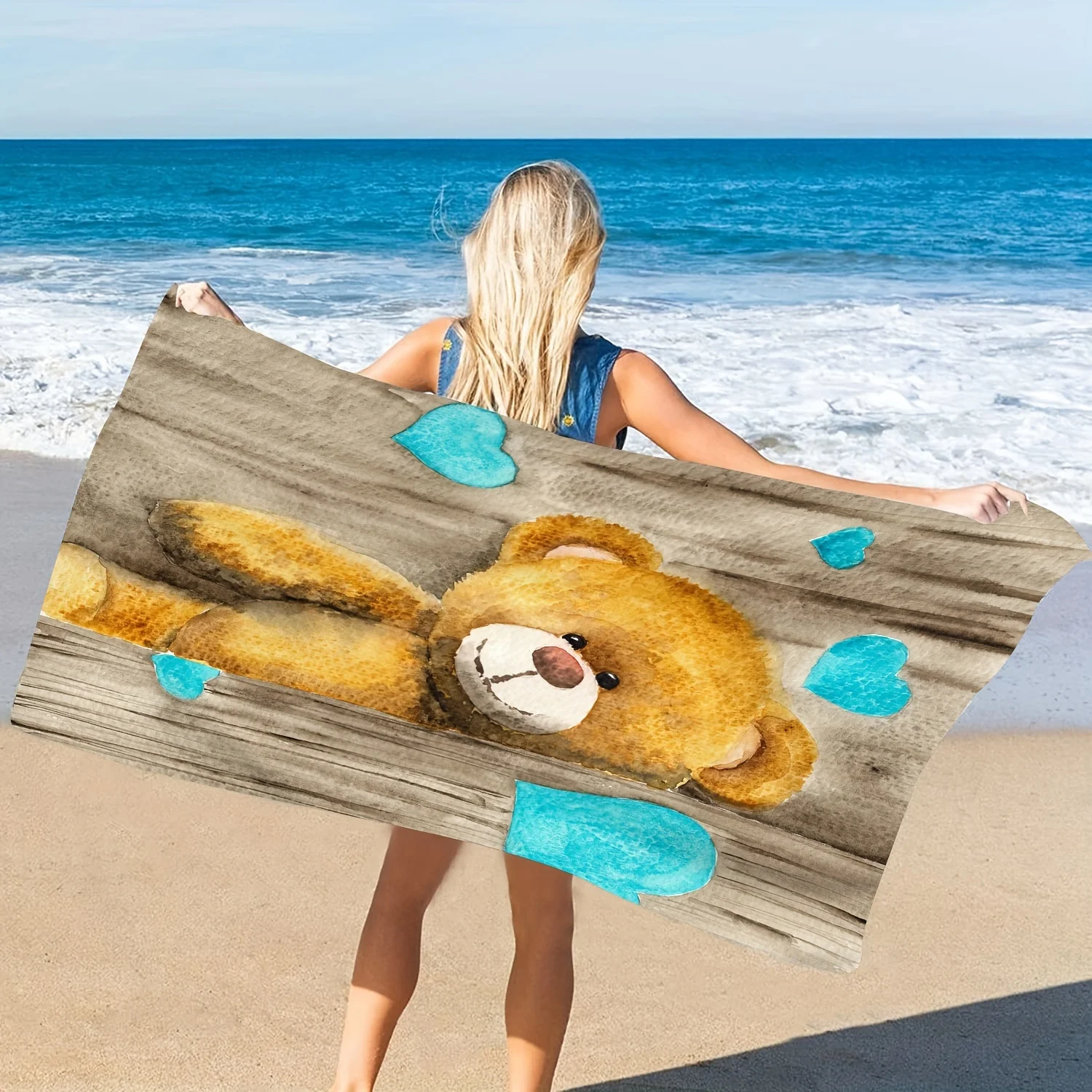 1PC Bear & Hearts Pattern Beach Towel, Modern Microfiber Large Bath Towel, Soft Quick-Dry Absorbent for Summer Seaside Vacation