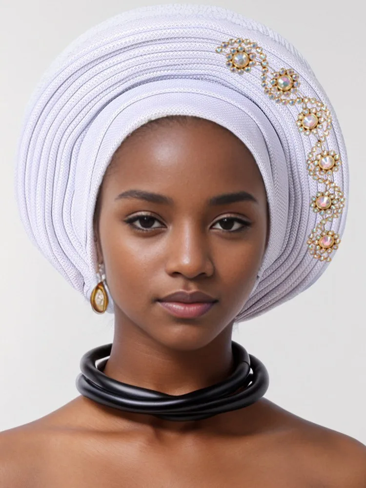 2024 New African Headtie Turban Nigeria Head Ties With Flowers Already Made Auto Gele Women Head Wraps For Wedding Party