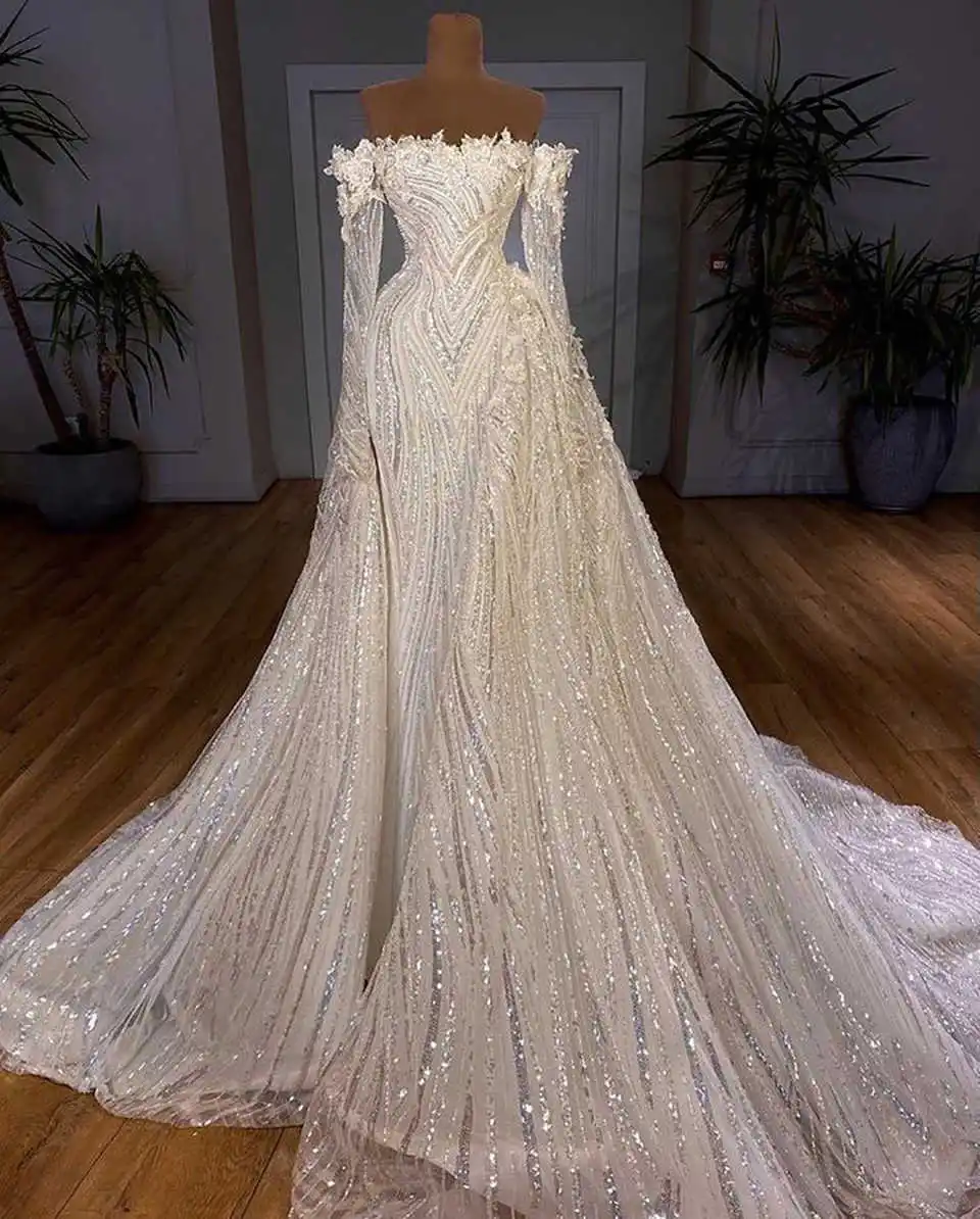 

Elegant Sequined Wedding Dresses Women Sexy Floral Appliques Beaded Bride Dresses Illusion Long Sleeve Bridal Gown Customized