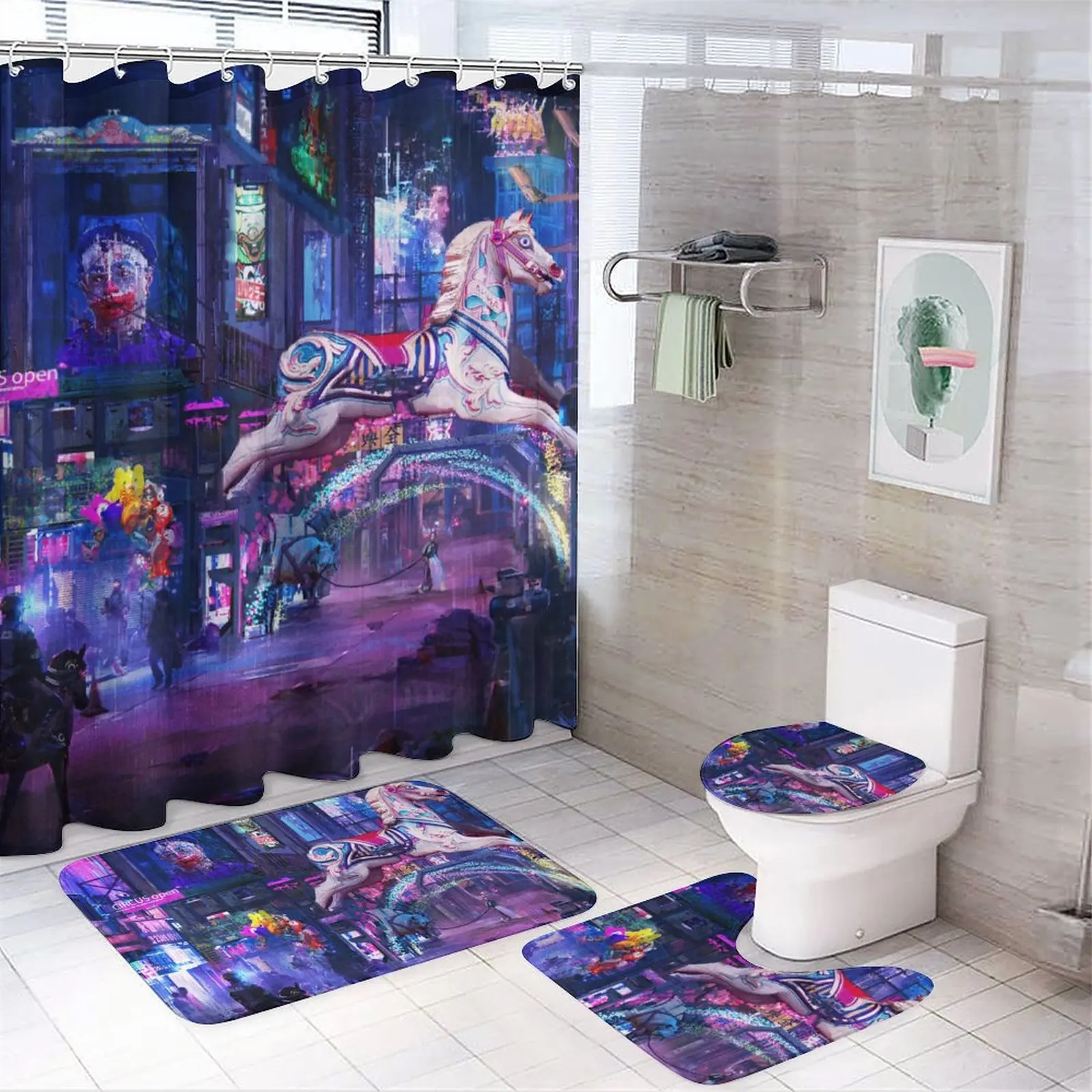 Set of 4 Printed Shower Curtain Decoration Bathroom Waterproof Cover Screen Cushion Toilet  Cover