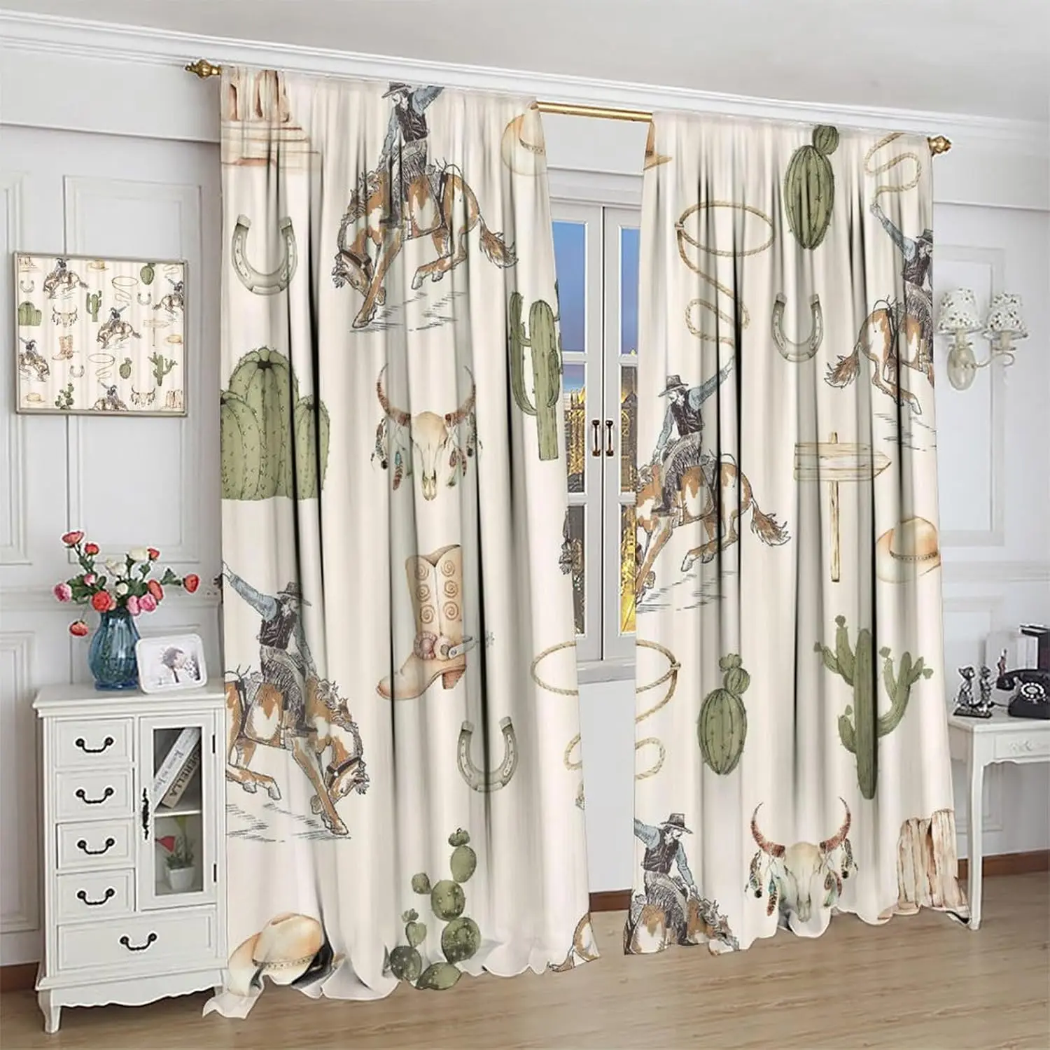 Vintage West Cowboy Window Curtains Rustic Wild West Cowboy Ride Horse and Desert Cactus Window Treatments for Bedroom Living