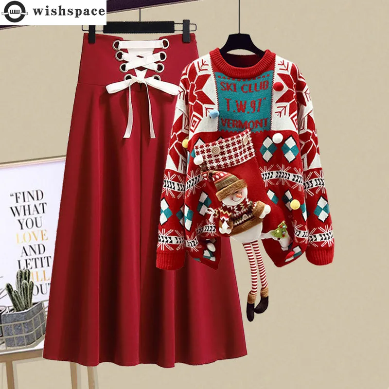 2022 Autumn New Christmas Boutique Sweater Lace Up Lucky Red Short Skirt Two Piece Elegant Women's Skirt Set Casual Coat