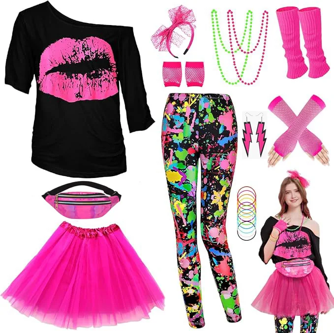 80s-drop-shoulder-t-shirt-party-performance-tutu-skirt-accessory-set
