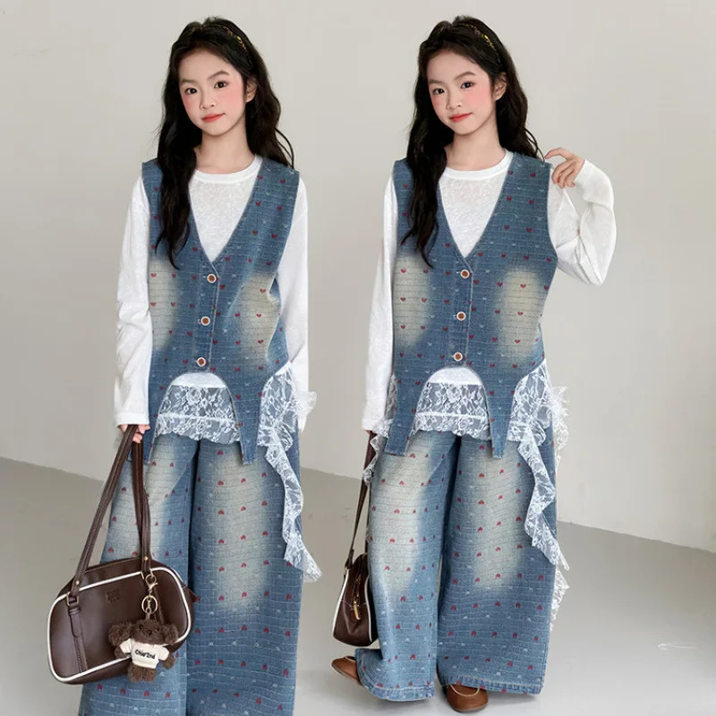 Summer Girls 2PCS Vest Jeans Set Children's Denim Fashion Outfit Teenager Jacquard Suits Kids Clothes