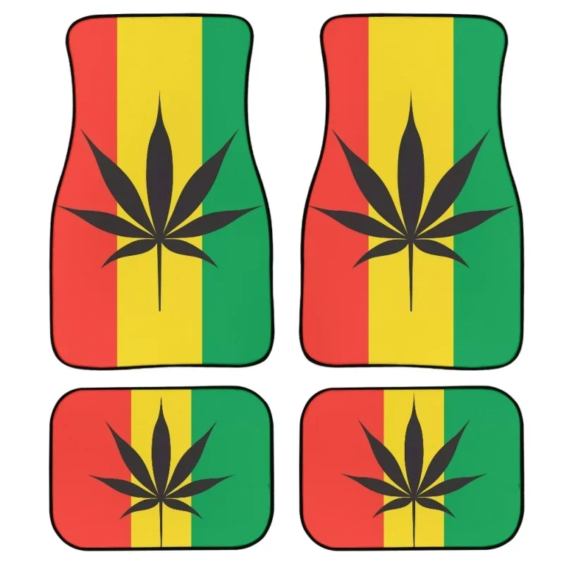 INSTANTARTS Jamaica Flag 4pcs Full Set Carpet Floor Mats for Cars 3D Weed Leaves Print Durable Floor Mats for Cars All Weather