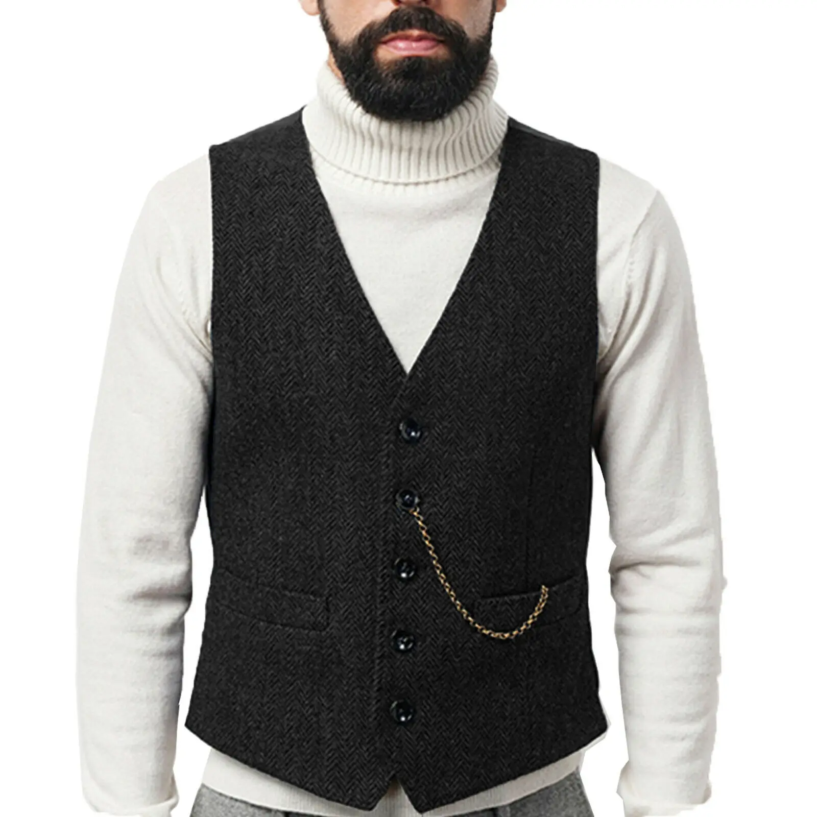 Deep V Neck Men's Suits Vest Tweed Slim Fit Herringbone Wool Men's Vest Groomsmen Waistcoat  For Wedding