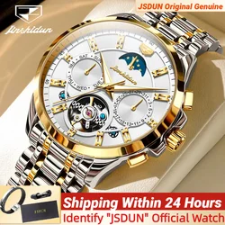 JSDUN Original Automatic Watch for Men Multifunctional Skeleton Hollow Stainless Steel Calendar Moon Phase Luxury Wristwatch Men