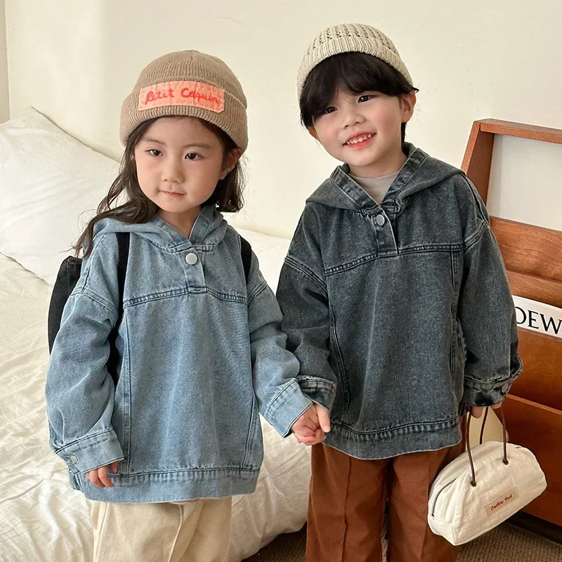 

Children Denim Coat 2024 Spring New Fashion Boys Casual Hooded Sweatshirt Baby Girl Loose Denim Hoodie Kids Clothes Toddler Tops