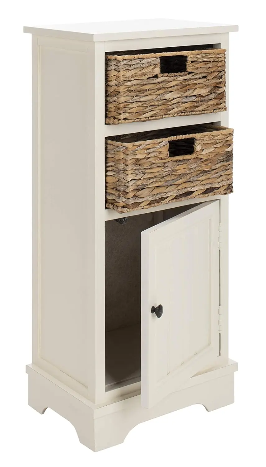 

Distressed Vintage White Storage Cabinet with Rattan Baskets & Bottom Door Farmhouse Accent Fully Assembled, Customized