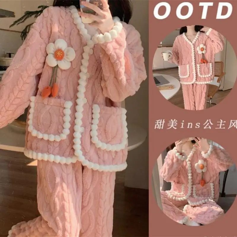 

Женский пижамный комплект из кораллового флиса, фланелевая хлопковая зимняя теплая одежда для сна, уютная удобная домашняя одежда, домашняя одежда, осенний новый модельный костюм