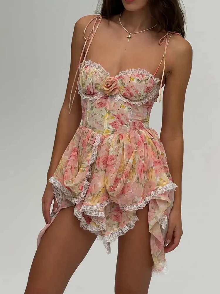 Women's Sexy Floral Print Sling Mini Dress Sleeveless Lace-Up Slim A-Line Summer Solid Color Dress Chic Vacation Gown