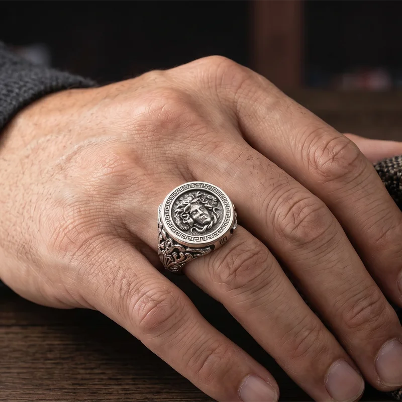 Buy 3 Get 1 Free 26x21mm 12g Medusa Gorgona Snake Head Greek Antique Meander Pattern Signet Silver Rings Prevent Allergy